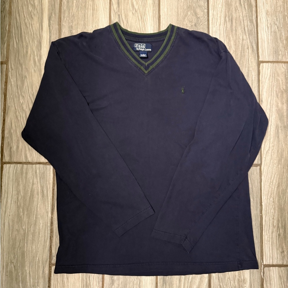 1990’s Polo Ralph Lauren Men’s V-Neck Sweater with Green Trim Size Large